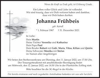 Traueranzeige von Johanna Frühbeis von merkurtz