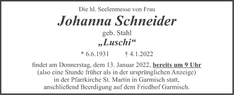  Traueranzeige für Johanna Schneider vom 11.01.2022 aus merkurtz