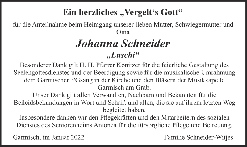  Traueranzeige für Johanna Schneider vom 29.01.2022 aus merkurtz