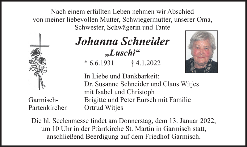  Traueranzeige für Johanna Schneider vom 08.01.2022 aus merkurtz