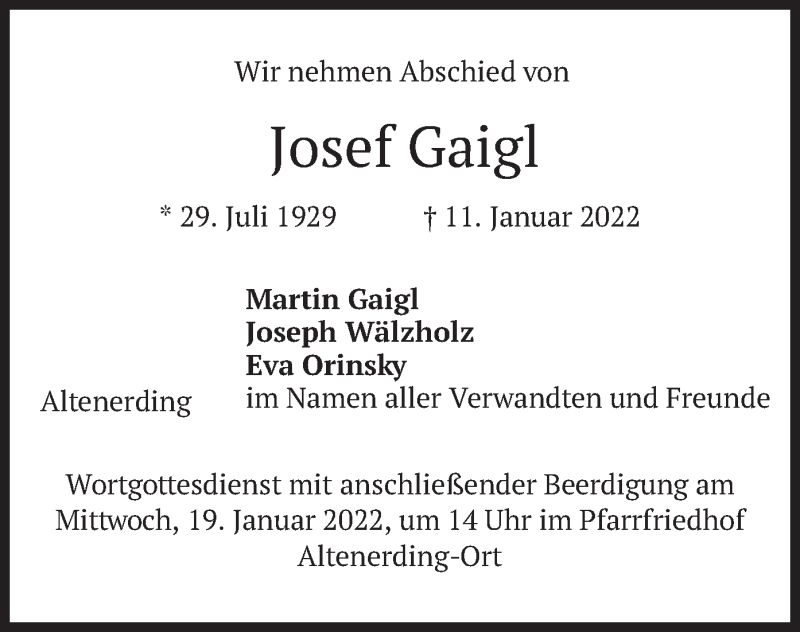  Traueranzeige für Josef Gaigl vom 15.01.2022 aus merkurtz