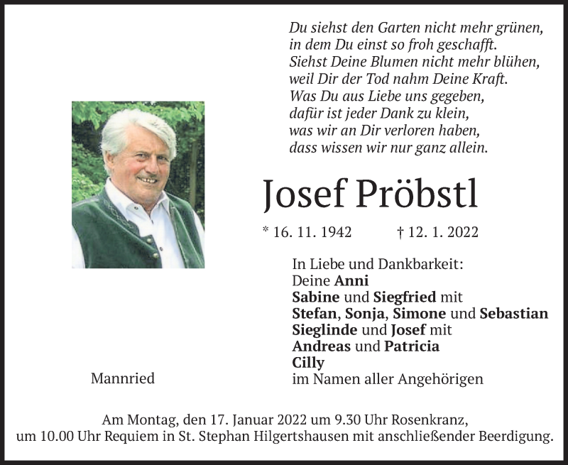  Traueranzeige für Josef Pröbstl vom 14.01.2022 aus merkurtz