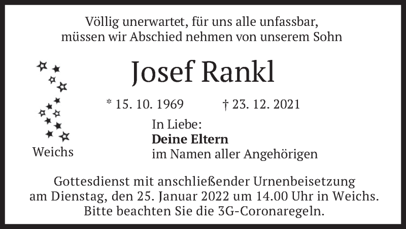  Traueranzeige für Josef Rankl vom 20.01.2022 aus merkurtz