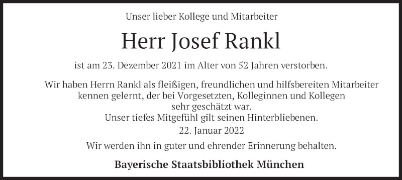  Traueranzeige für Josef Rankl vom 22.01.2022 aus merkurtz