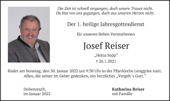 Traueranzeige von Josef Reiser von merkurtz