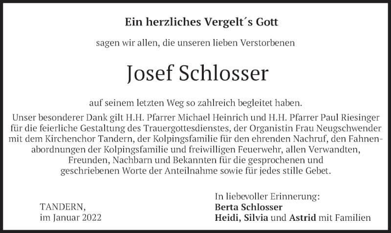  Traueranzeige für Josef Schlosser vom 22.01.2022 aus merkurtz
