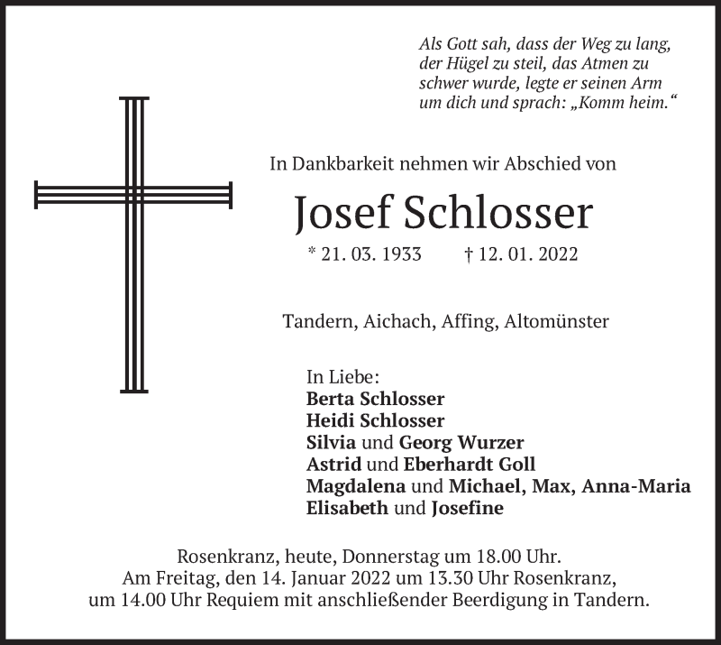  Traueranzeige für Josef Schlosser vom 13.01.2022 aus merkurtz