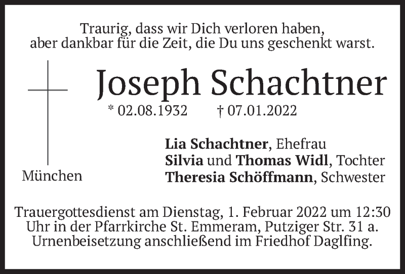  Traueranzeige für Joseph Schachtner vom 28.01.2022 aus merkurtz