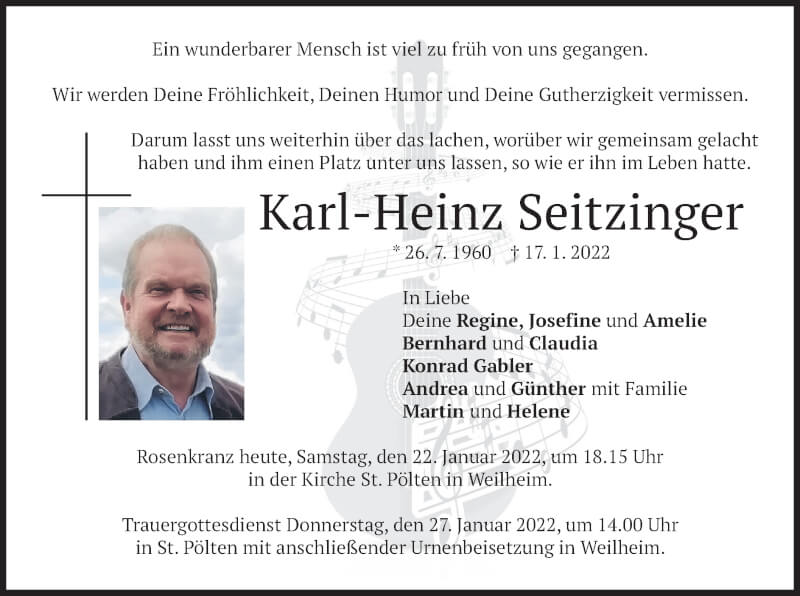 Traueranzeige für Karl-Heinz Seitzinger vom 22.01.2022 aus merkurtz