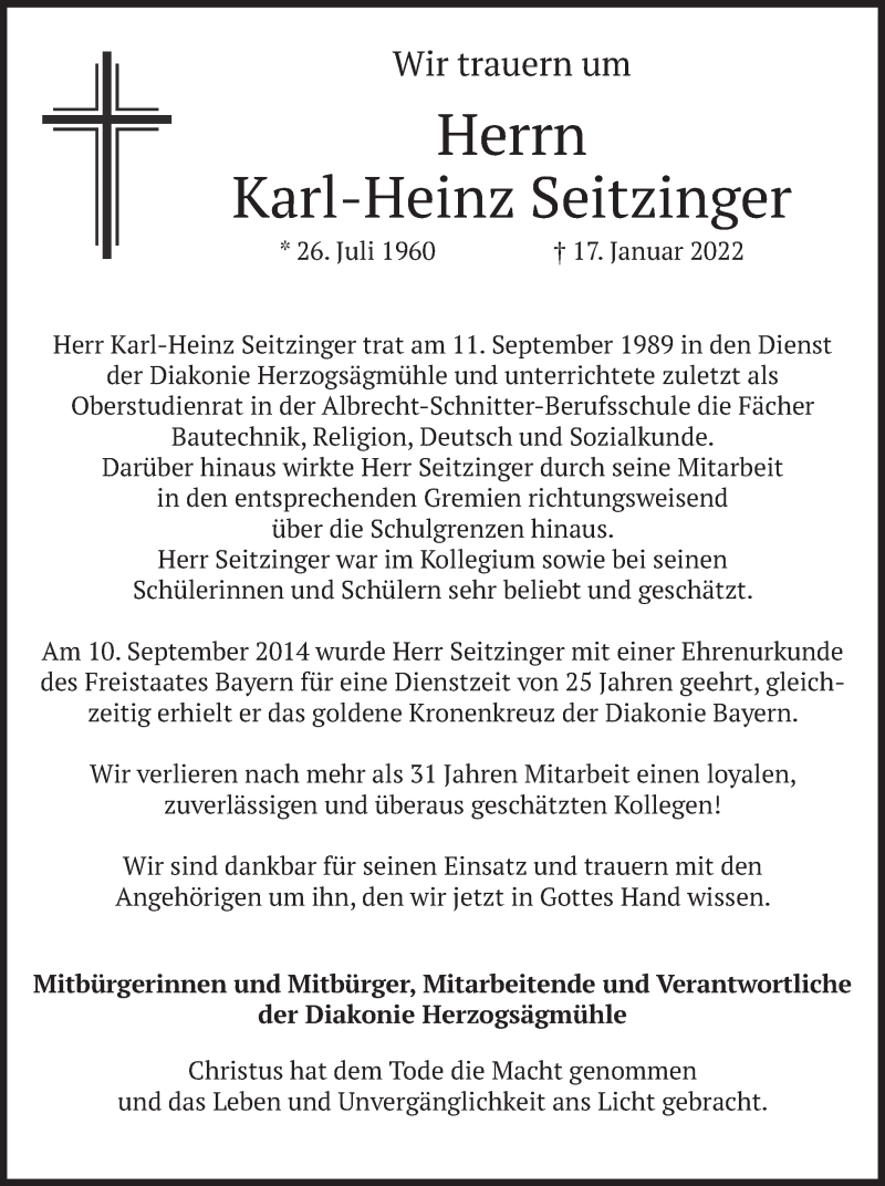  Traueranzeige für Karl-Heinz Seitzinger vom 27.01.2022 aus merkurtz