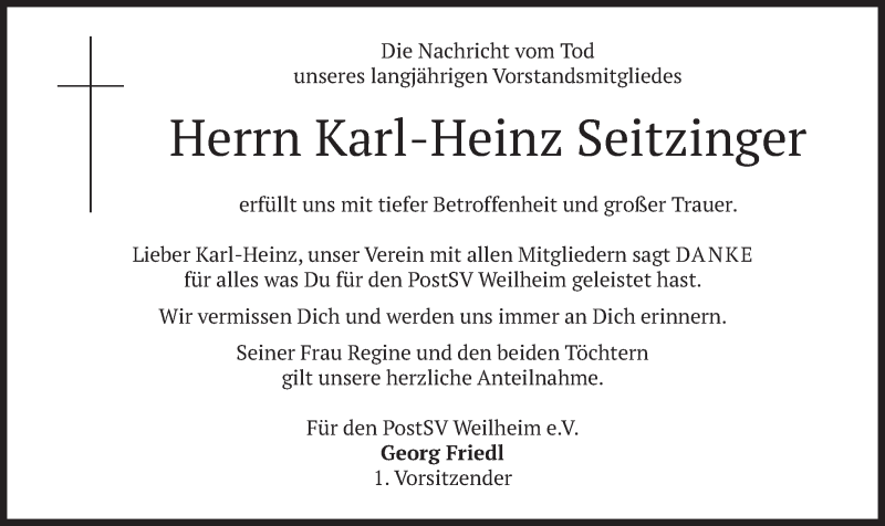  Traueranzeige für Karl-Heinz Seitzinger vom 25.01.2022 aus merkurtz