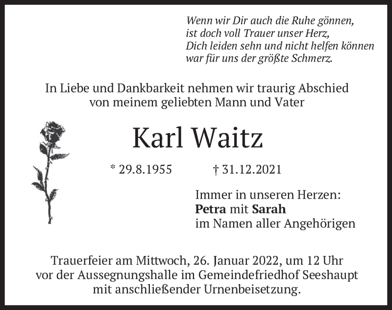  Traueranzeige für Karl Waitz vom 15.01.2022 aus merkurtz