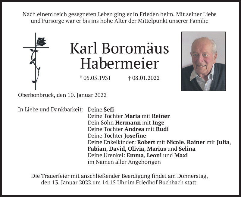  Traueranzeige für Karl Boromäus Habermeier vom 10.01.2022 aus merkurtz