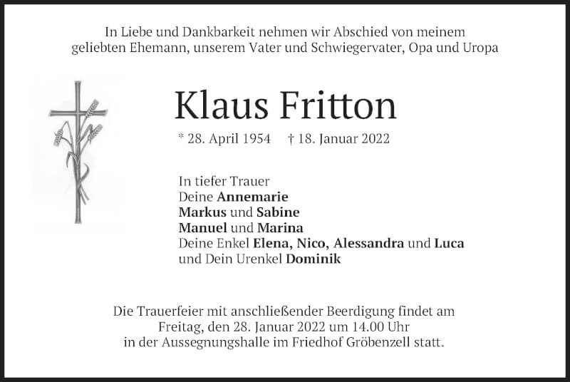  Traueranzeige für Klaus Fritton vom 22.01.2022 aus merkurtz