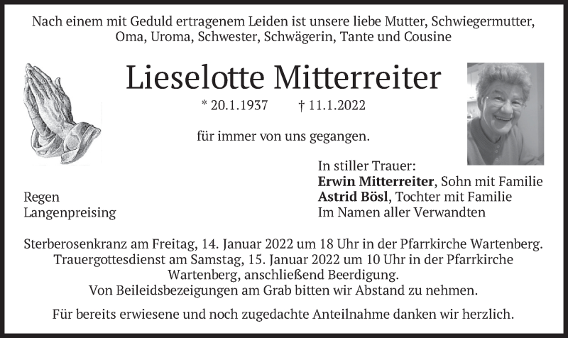  Traueranzeige für Lieselotte Mitterreiter vom 12.01.2022 aus merkurtz