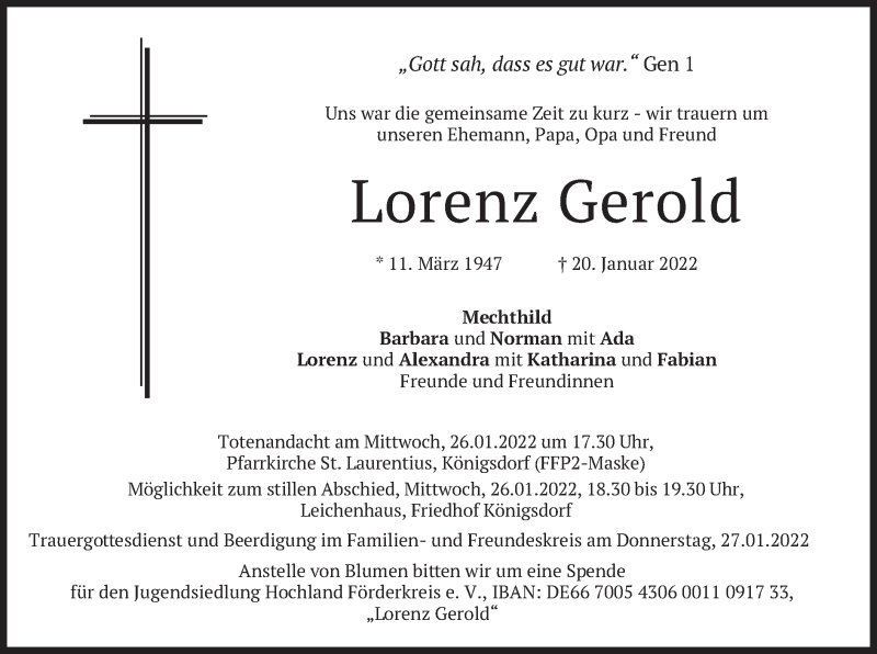  Traueranzeige für Lorenz Gerold vom 25.01.2022 aus merkurtz