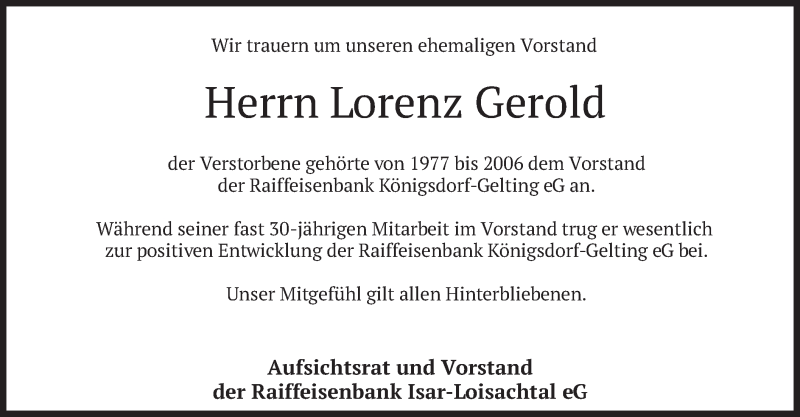  Traueranzeige für Lorenz Gerold vom 25.01.2022 aus merkurtz