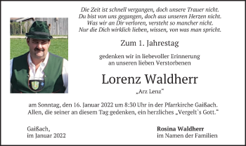 Traueranzeige von Lorenz Waldherr von merkurtz