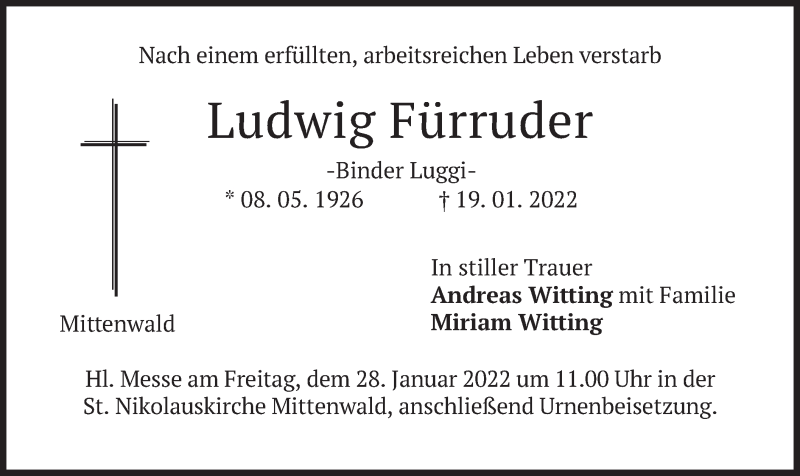  Traueranzeige für Ludwig Fürruder vom 25.01.2022 aus merkurtz