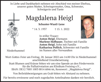 Traueranzeige von Magdalena Heigl von merkurtz