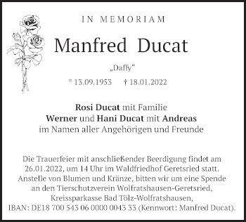 Traueranzeige von Manfred Ducat von merkurtz