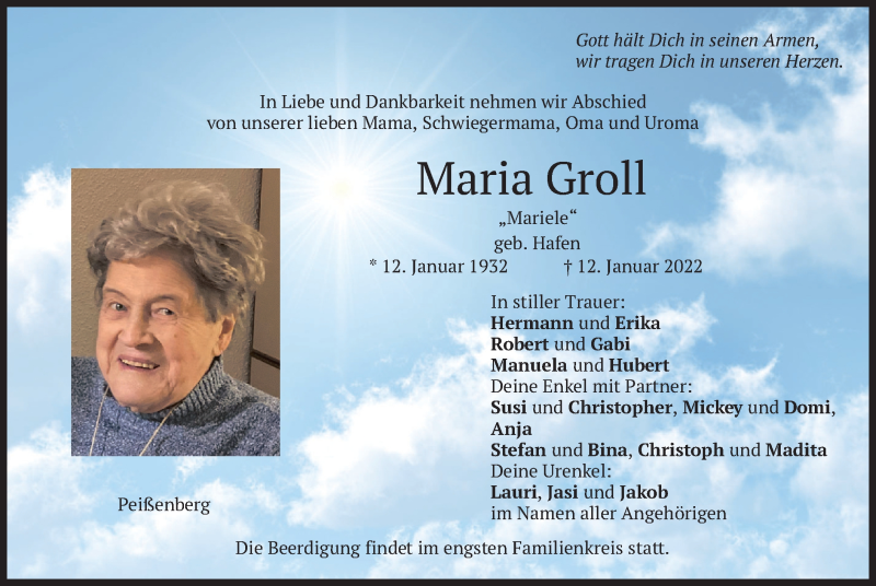  Traueranzeige für Maria Groll vom 14.01.2022 aus merkurtz