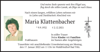 Traueranzeige von Maria Klattenbacher von merkurtz