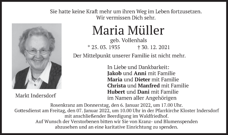  Traueranzeige für Maria Müller vom 04.01.2022 aus merkurtz