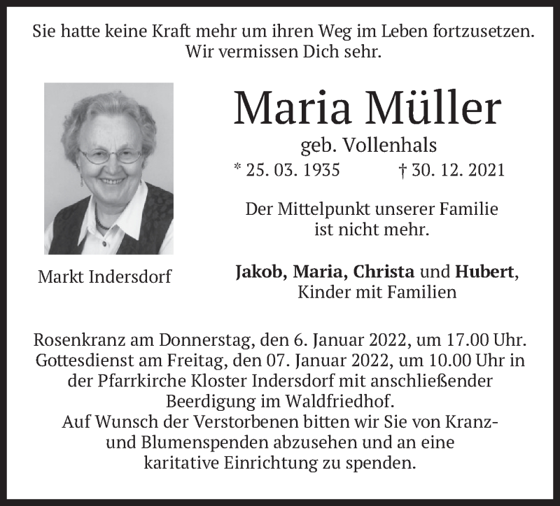  Traueranzeige für Maria Müller vom 04.01.2022 aus merkurtz