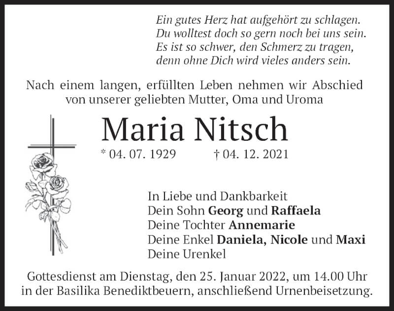  Traueranzeige für Maria Nitsch vom 22.01.2022 aus merkurtz