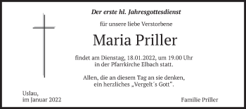 Traueranzeige von Maria Priller von merkurtz