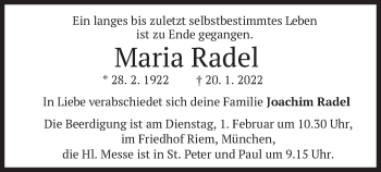 Traueranzeige von Maria Radel von merkurtz