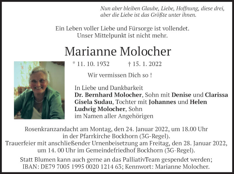  Traueranzeige für Marianne Molocher vom 22.01.2022 aus merkurtz