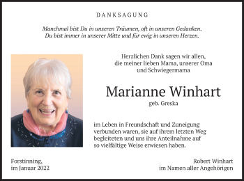 Traueranzeige von Marianne Winhart von merkurtz