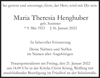 Traueranzeige von Maria Theresia Henghuber von merkurtz