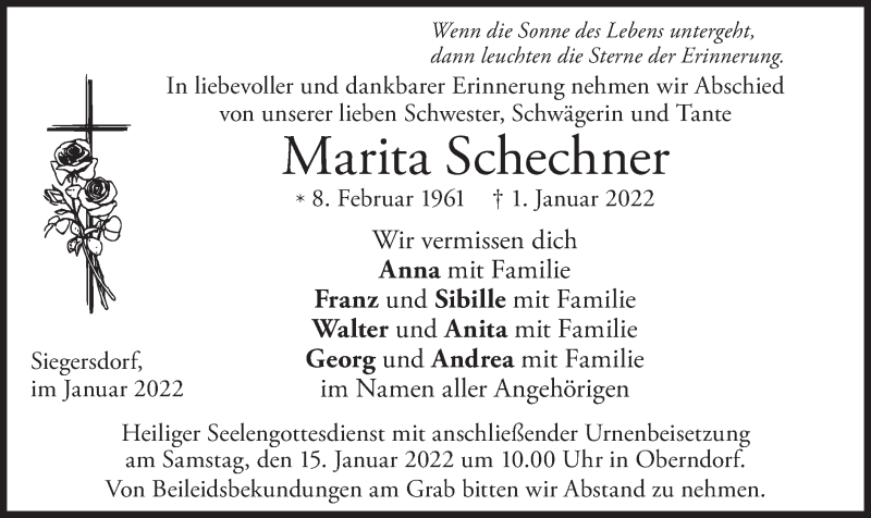  Traueranzeige für Marita Schechner vom 08.01.2022 aus merkurtz