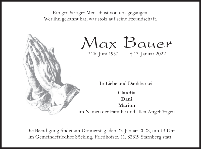  Traueranzeige für Max Bauer vom 18.01.2022 aus merkurtz