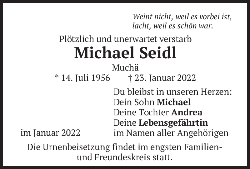  Traueranzeige für Michael Seidl vom 29.01.2022 aus merkurtz