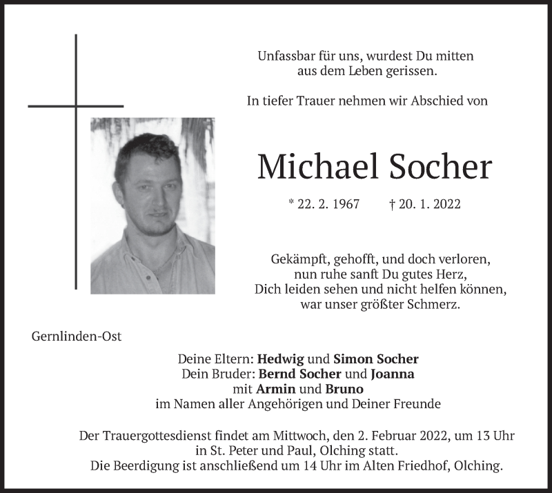 Traueranzeige für Michael Socher vom 29.01.2022 aus merkurtz