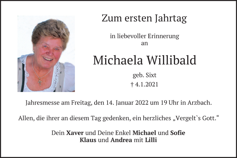  Traueranzeige für Michaela Willibald vom 12.01.2022 aus merkurtz