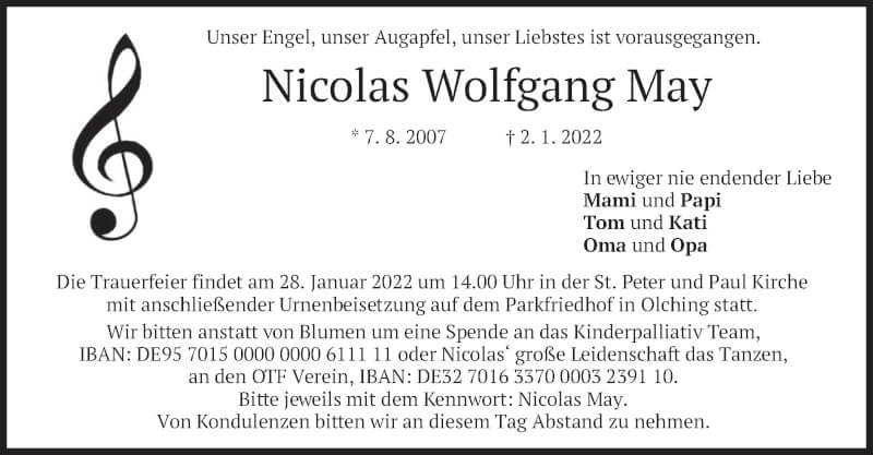  Traueranzeige für Nicolas Wolfgang May vom 22.01.2022 aus merkurtz