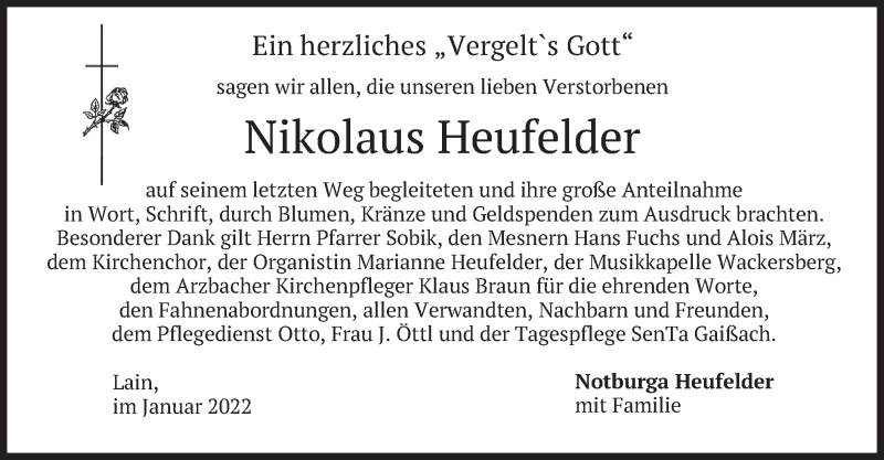  Traueranzeige für Nikolaus Heufelder vom 08.01.2022 aus merkurtz
