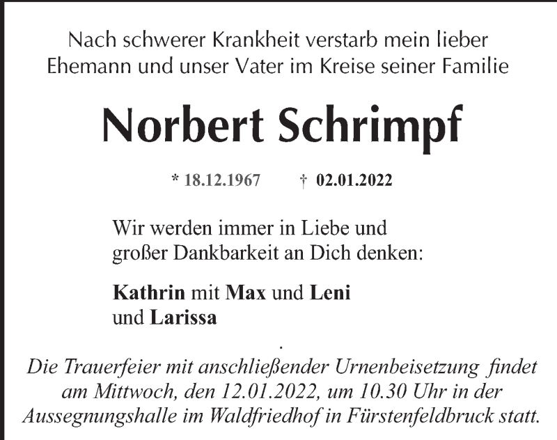  Traueranzeige für Norbert Schrimpf vom 08.01.2022 aus merkurtz