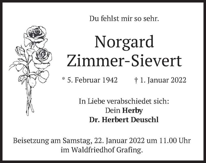  Traueranzeige für Norgard Zimmer-Sievert vom 19.01.2022 aus merkurtz