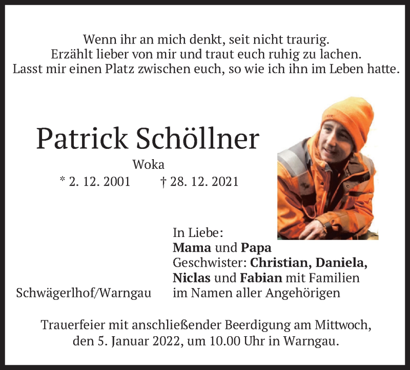  Traueranzeige für Patrick Schöllner vom 03.01.2022 aus merkurtz