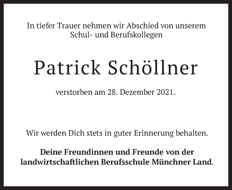  Traueranzeige für Patrick Schöllner vom 04.01.2022 aus merkurtz