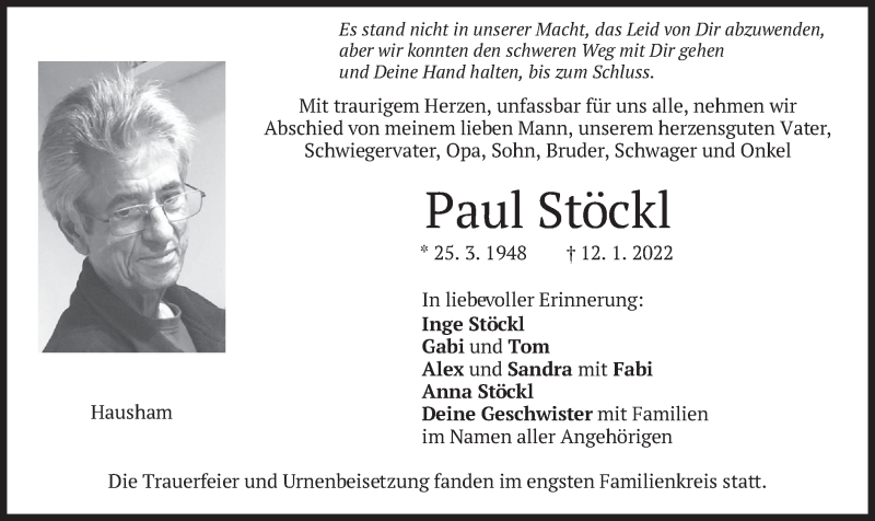  Traueranzeige für Paul Stöckl vom 29.01.2022 aus merkurtz