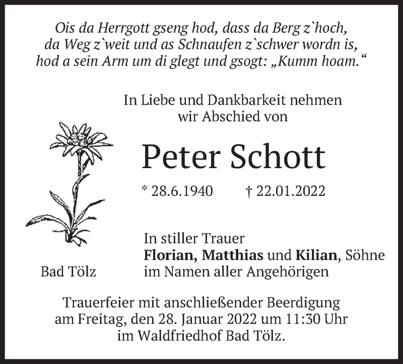  Traueranzeige für Peter Schott vom 26.01.2022 aus merkurtz