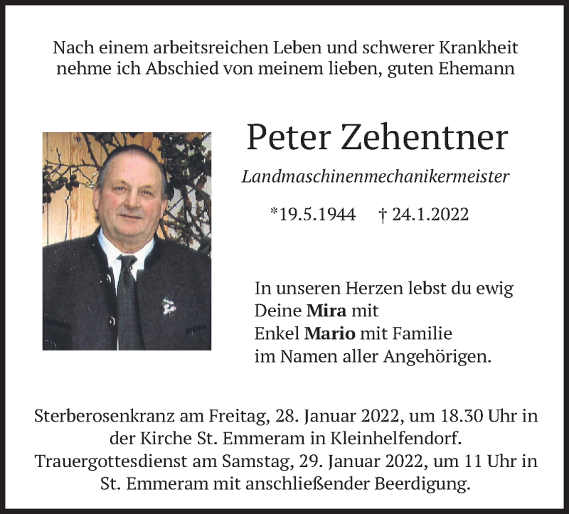  Traueranzeige für Peter Zehentner vom 26.01.2022 aus merkurtz
