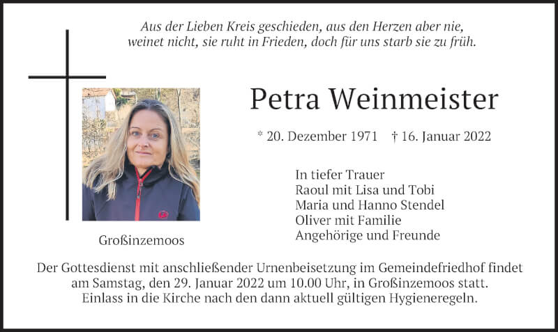 Traueranzeige für Petra Weinmeister vom 22.01.2022 aus merkurtz
